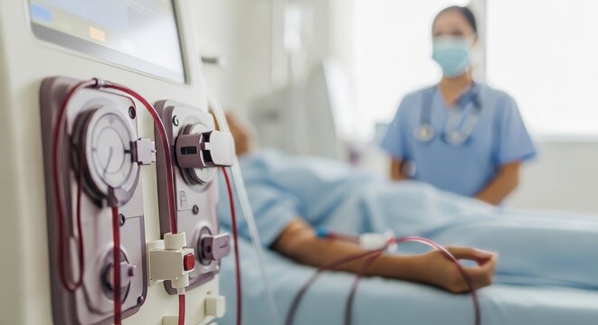 A dialysis machine filters blood in a hospital. A patient lies in bed while a masked nurse monitors the procedure. This medical setting highlights kidney treatment and professional healthcare