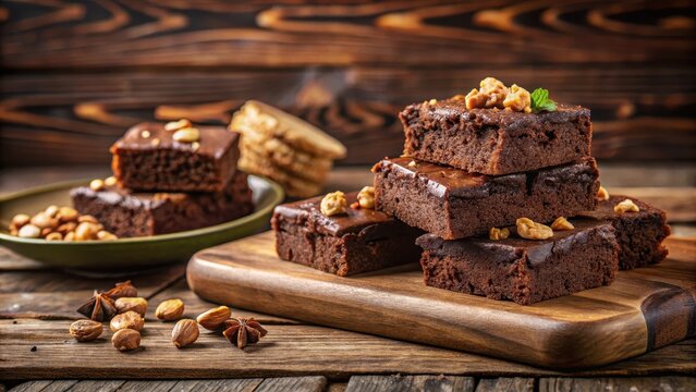 Rich, fudgy chocolate brownies with crunchy walnuts are perfectly portioned on a rustic wooden board in a warm and inviting kitchen setting