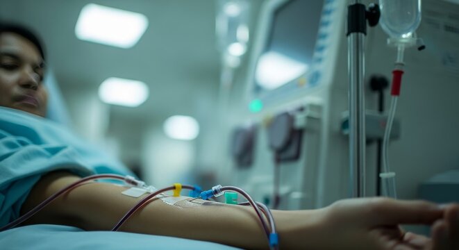 A patient undergoes hemodialysis in a clinical setting. Tubes connect their arm to a dialysis machine, filtering blood to treat kidney failure. The atmosphere is sterile and focused on medical care.