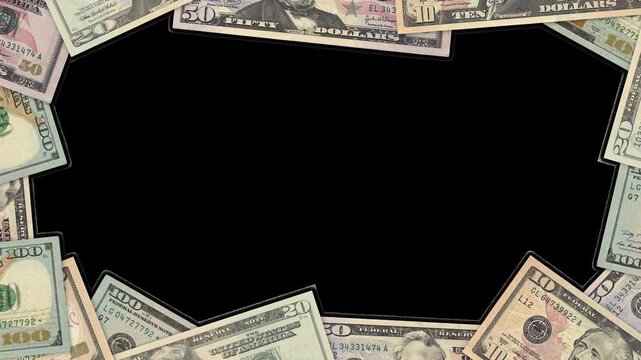 Stop motion animation of us dollar bills forming a frame around copy space. Seamless loop of changing USD paper money border overlay. Financial wealth and cash concept. Transparent background