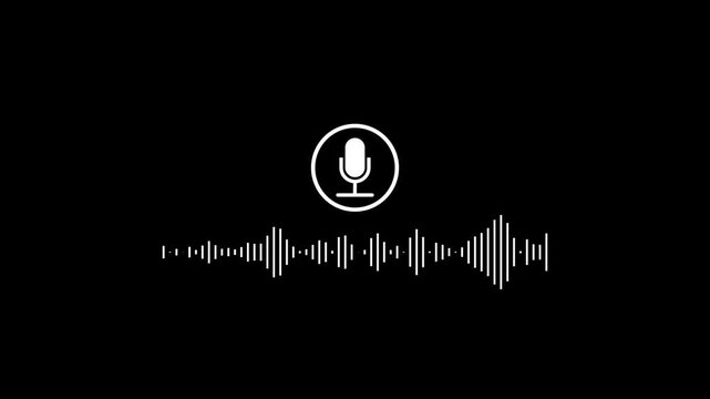 A white microphone centered above a white audio waveform visualization against a black background, representing voice input, sound recording, or speech recognition technology