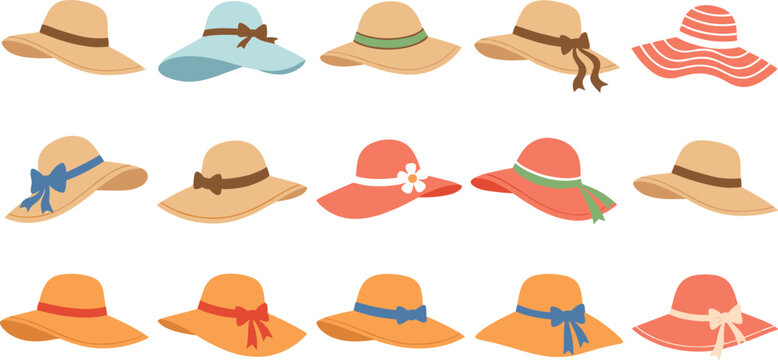 Set of Elegant Women's Straw Hats and Wide Brim Sun Hats with Colorful Ribbons and Bows for Summer Fashion Beach Vacation and Outdoor Leisure Graphic Design