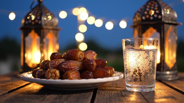 Dates and Lanterns on Wooden Table Ramadan.
