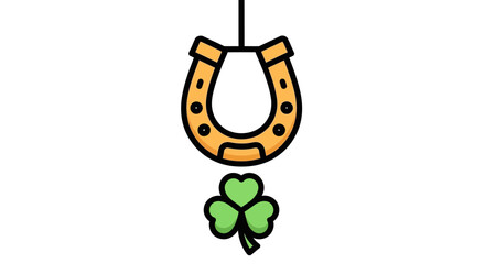 Horseshoe and clover illustration hanging from a string, symbolizing luck and fortune, in a simple graphic style