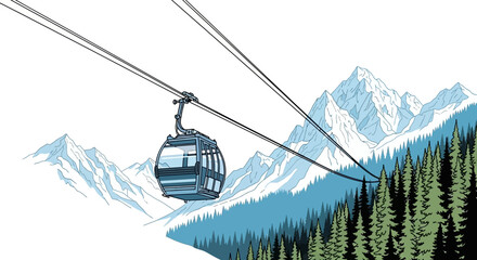 Ski Resort Cable Car Ascending Snowy Mountains with Evergreen Forest Below © Gina