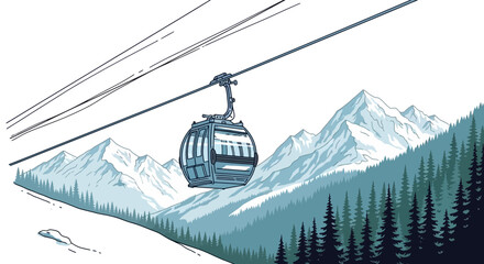 Ski Resort Gondola Ascending Snowy Mountains with Pine Forest Landscape © Gina