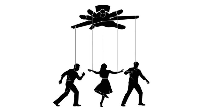 Puppet Master Controlling Silhouetted People with Strings - Symbol of Control and Manipulation