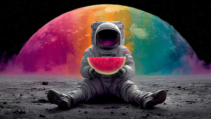 Fototapeta premium 巨大な虹色に輝く惑星を背景にスイカを食べる宇宙飛行士