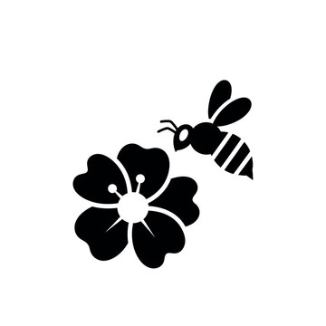 Bee and flower black silhouette illustration.