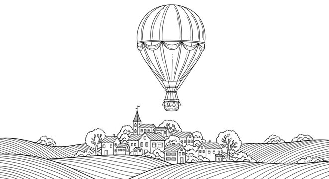 Line art hot air balloon flying over picturesque rural village