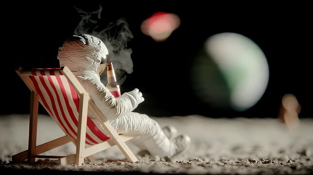 An astronaut relaxes in a lounge chair on the moon, enjoying a smoke with planets in the background