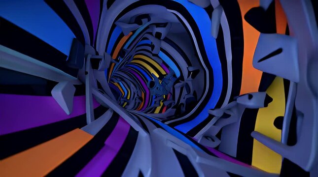 Surreal psychedelic tunnel with vibrant striped patterns and abstract shapes, a visually stimulating and mind-bending digital art