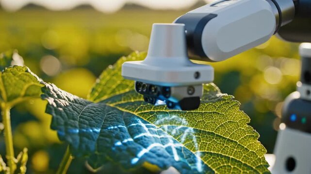 Robotic arm examines a plant leaf in agricultural field