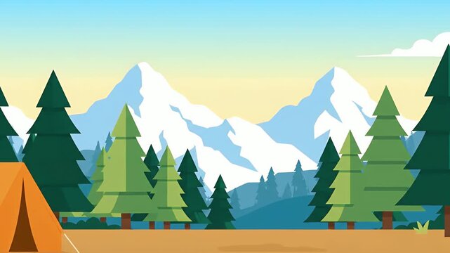 Tranquil vector mountain campsite dawn with orange tent, stylized trees, snow peaks, soft gradient sky