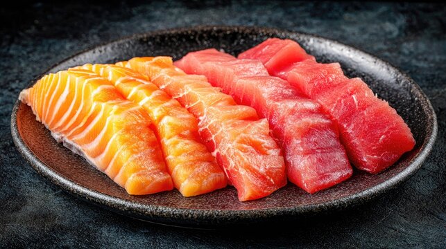 Freshly prepared salmon and tuna sashimi slices on a dark plate