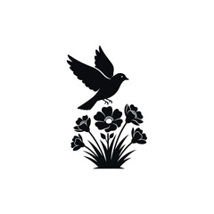 Fototapeta premium Silhouette of a bird flying over a cluster of flowers.