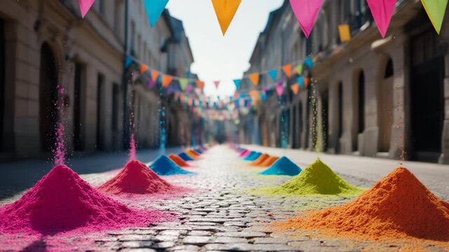 Vibrant colored powders form small mounds on a cobblestone street, outdoor festive scene with hanging multicolored triangular flags ,Holi,Festival of Colors,4th March
