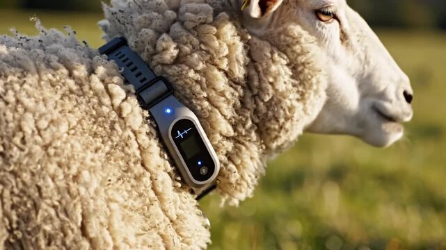 Sheep wearing technological device in outdoor environment