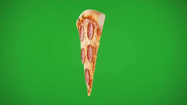 Floating pepperoni pizza slice rotating on green screen background