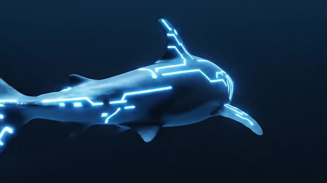 Futuristic cybernetic shark with glowing blue circuit patterns swimming in deep blue water with bubbles