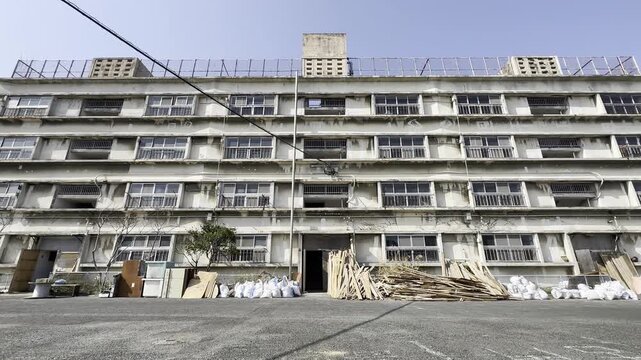 Front View of Abandoned Danchi Apartment in Kitakyushu Japan 4K
