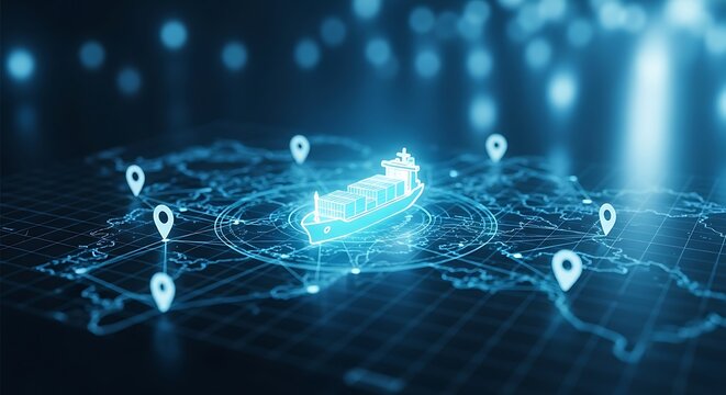 Digital graphic of a cargo ship with pinpoints on a world map, representing global logistics