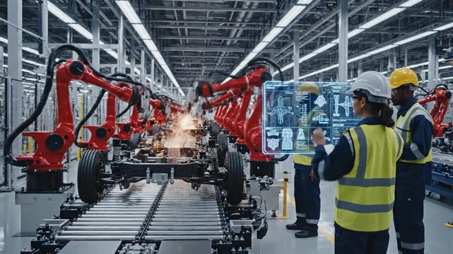 Female engineer supervises robotic arms welding car chassis on an automated production line in a modern factory with a holographic display