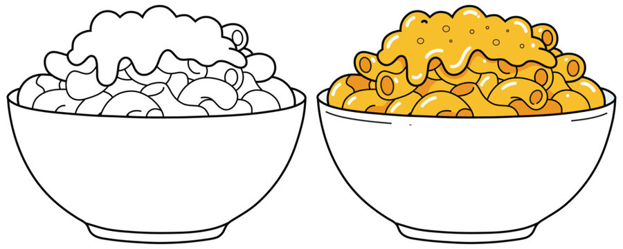 Macaroni and cheese vector illustration with outline and colored cartoon bowl