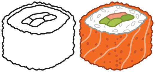 Salmon sushi roll slice with rice and fish topping icon © Crafter