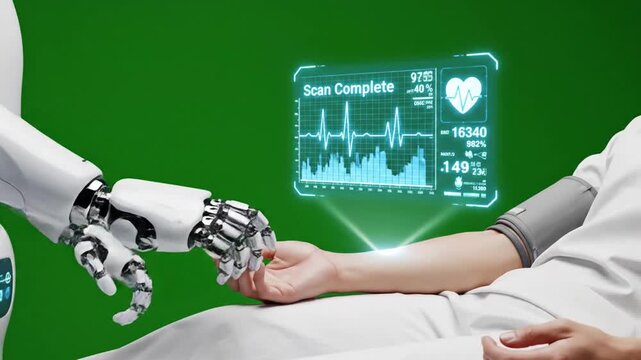 Medical robot arm examining patient wrist against green screen