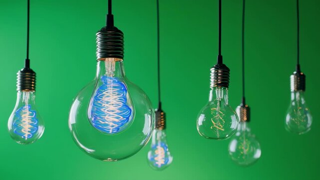Six hanging light bulbs with glowing filaments against a vibrant green background, illuminated in varying intensities