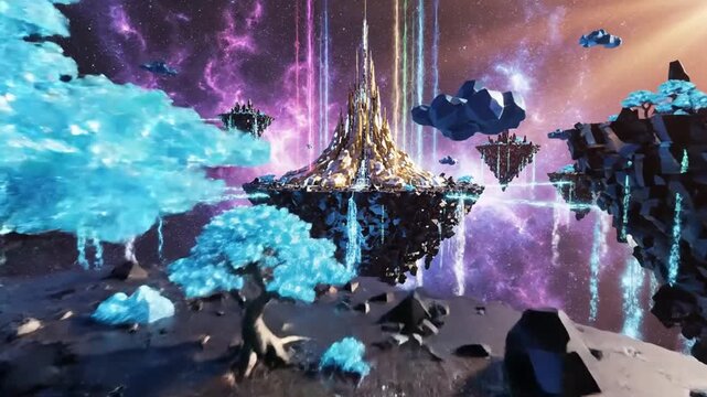 Floating digital islands with binary code waterfalls and glowing blue trees in a vibrant cosmic sky