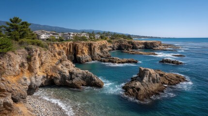 Serene Coastal Landscape with Rocky Shoreline and Clear Blue Water near Quiet Residential Area under Bright Sky