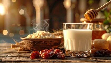 Fototapeta premium A wholesome and nutritious breakfast spread featuring a glass of fresh milk, sweet golden honey, hearty oats, and dried dates, perfect for a healthy morning start