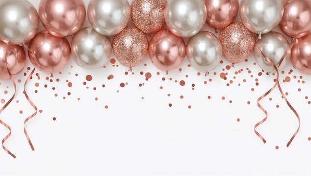 A festive border of rose gold and silver balloons, shimmering confetti, and elegant ribbons against a white background, perfect for celebrations and parties