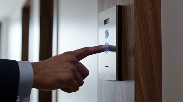 Pressing Buzzer on Modern Intercom System for Entry