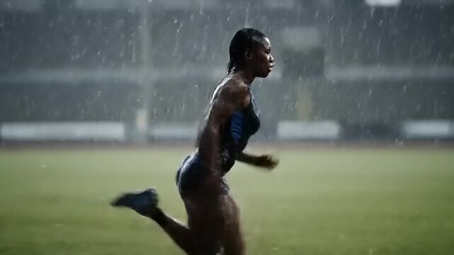 Runner sprints in rain on stadium track.