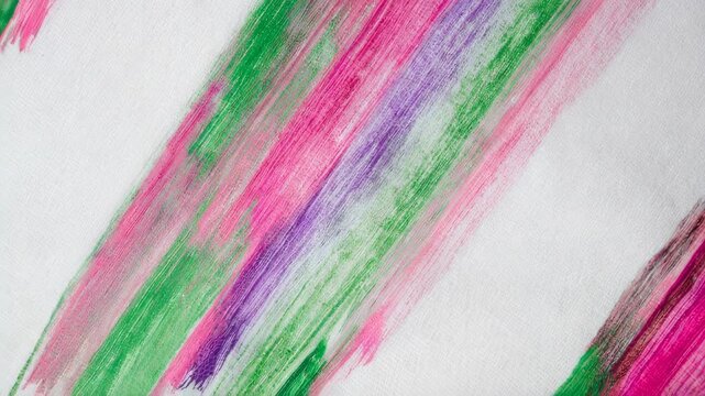Diagonal brushstrokes of pink, purple, and green streak across textured white fabric