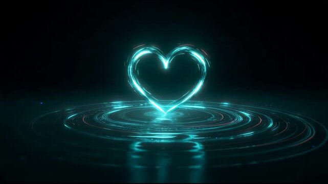 Glowing Cyan Heart Shape with Digital Circles on Dark Background - Love and Technology Concept