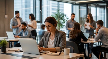 Obraz premium Modern office setting with multiple people working on laptops