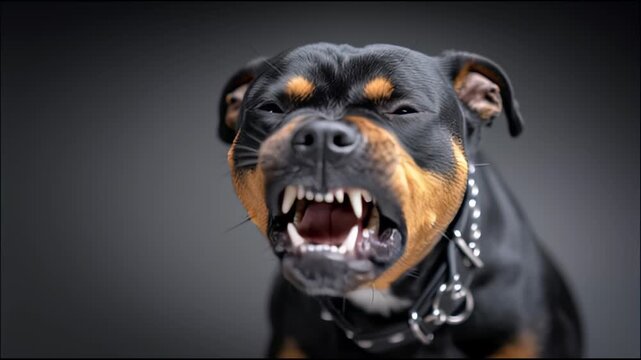 Ferocious pit bull dog snarling with bared teeth, showcasing its intimidating presence against a neutral background