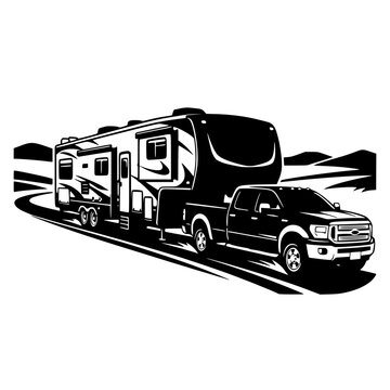5th Wheel RV Road Trip Black Silhouette Travel Scene