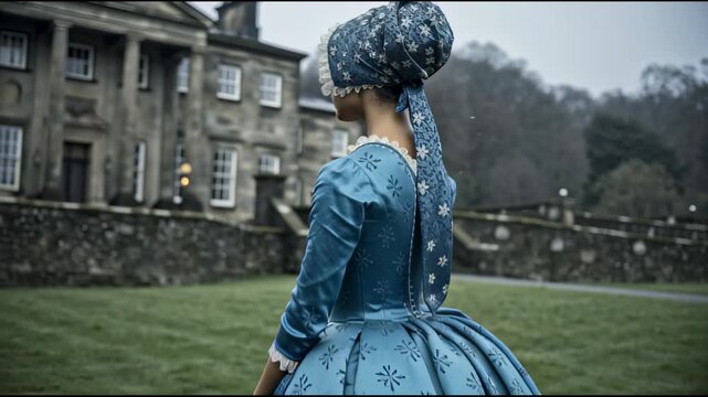 Woman in regency style blue dress and bonnet poses outside a historic mansion, showcasing elegance and fashion in a serene outdoor setting