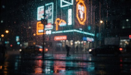 Rainy night medium shot showcasing a glowing facade with bright signage water droplets on windows catching accent lighting and blurred reflections enhancing the moody urban scene.
