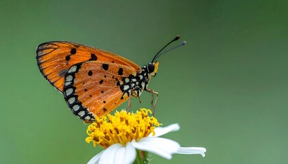 Fototapeta premium An orange and black butterfly perched on a white and yellow flower against a soft green background