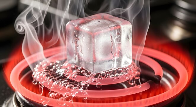 Dramatic conceptual image of a single ice cube melting and boiling on a red-hot electric stove burner with steam rising, illustrating extreme temperature contrast and thermodynamics