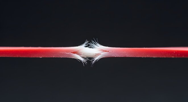 Macro close-up of a red elastic cord snapping under intense tension, revealing internal white fibers at the breaking point against a dark background, symbolizing stress and failure