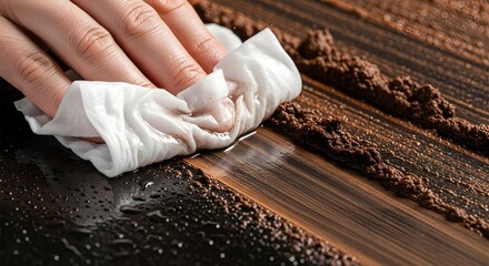 Close-up view of a person's fingers using a white wet wipe to clean spilled ground coffee from a dark wooden table surface, showing household maintenance and cleaning routine