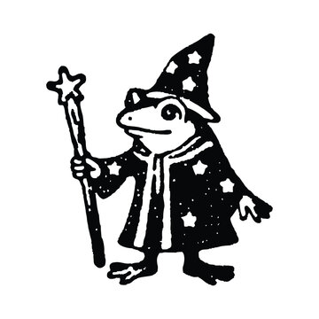 Black and white illustration of a wizard frog character with a pointed wizard hat and long robe holding a wooden stick in a hand drawn style vector art