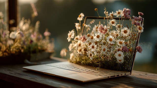 満開の花々に覆われ植物と同化したようなノートパソコン